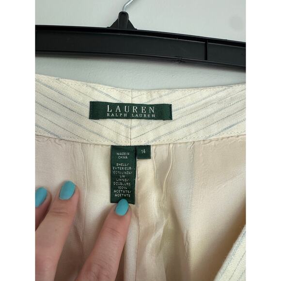 Lauren Ralph Lauren Linen cream/blue pinstripe pleated‎ wide leg pants size 14 - Picture 5 of 5